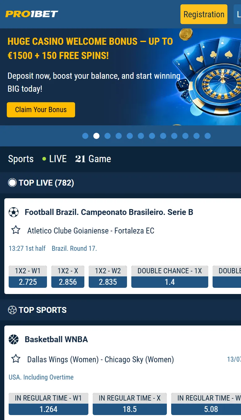 لقطة حقيقية من تطبيق Pro1Bet تعرض العروض والمراهنات المباشرة